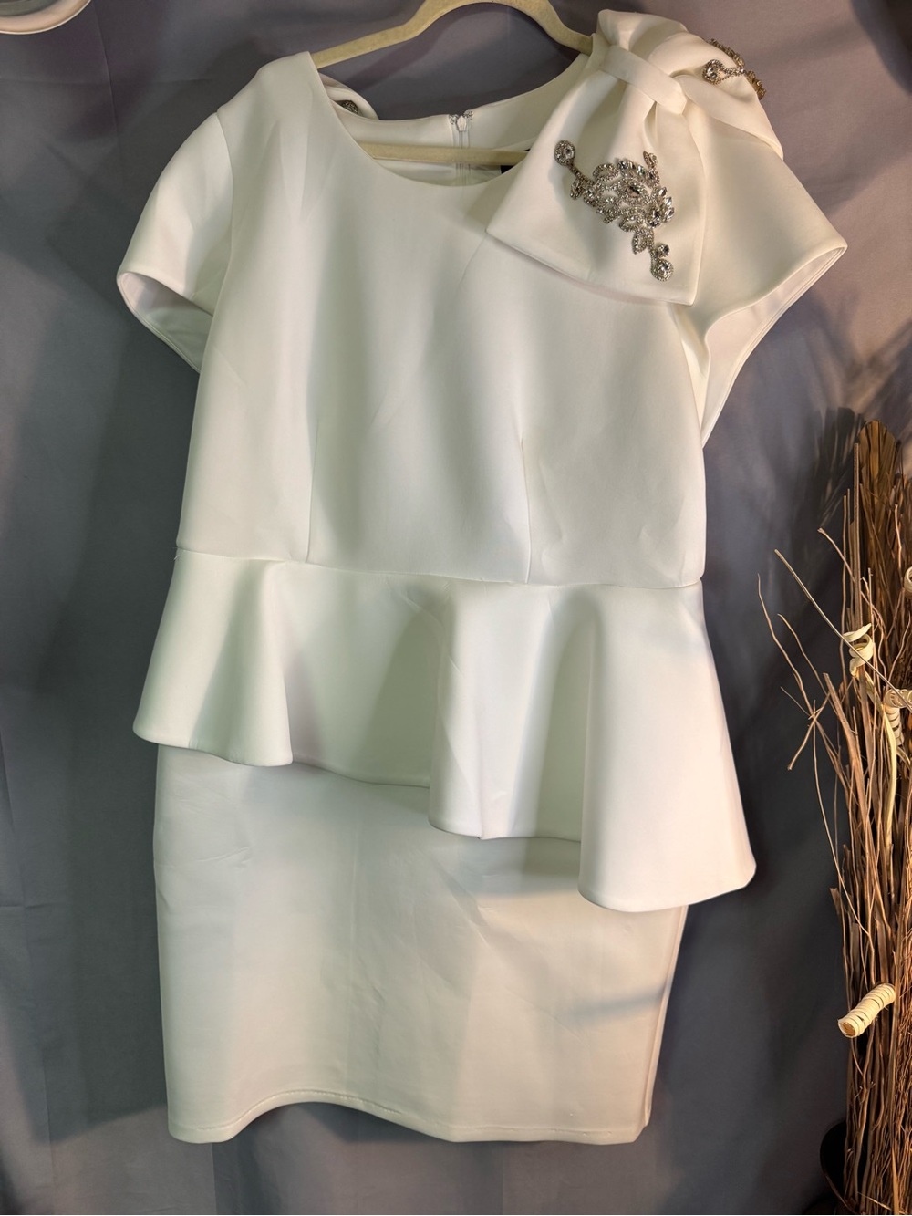 Ashro White Peplum Dress with Embellished Bow